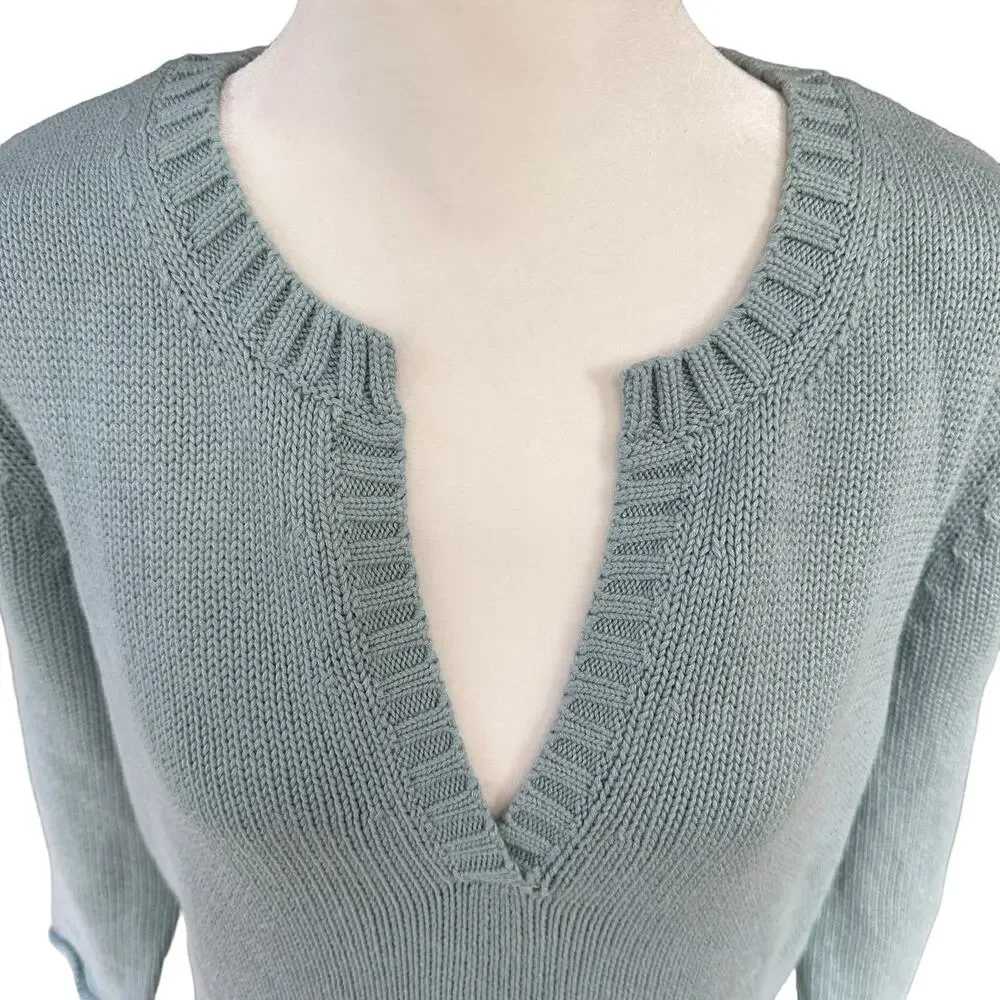 J.Jill‎ Blue V Neck Knit Sweater 3/4 Length Sleeves 100% Cotton Size Med Petite